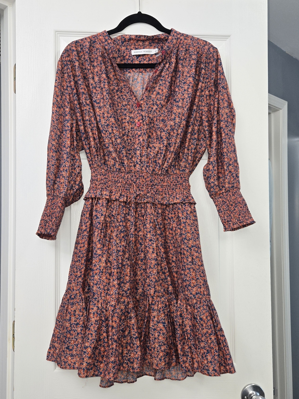 Rebecca Minkoff Small Floral Chloe Dress Rust Blue Smocked Waist Tiered NWOT